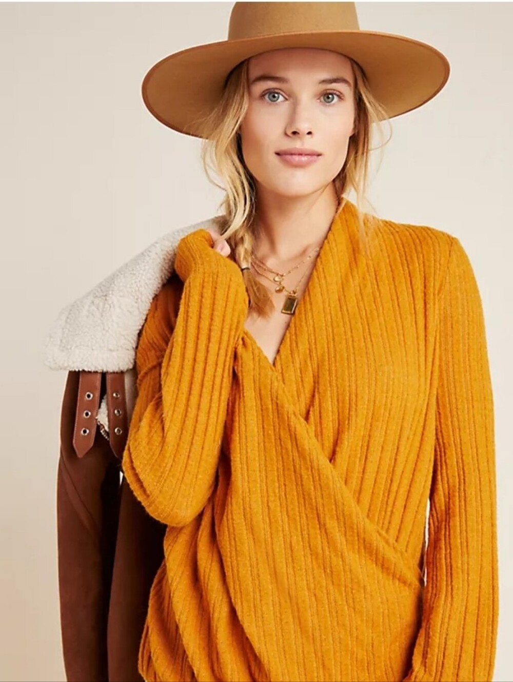 Anthropologie Akemi + Kim GrayWoodruff Surplice Ribbed Sweater Mustard Size S